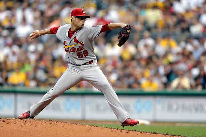 St. Louis Cardinals pitcher Joe Kelly (58) delivers during the second inning of a baseball game against the St. Louis Cardinals in Pittsburgh Sunday, Sept. 1, 2013. 