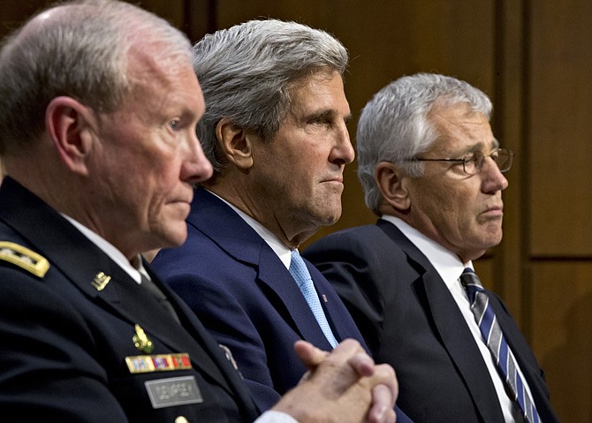 From left, Joint Chiefs Chairman Gen. Martin Dempsey, Secretary of State John Kerry, and Defense Secretary Chuck Hagel, appear Tuesday before the Senate Foreign Relations Committee to advance President Barack Obama's request for congressional authorization for military intervention in Syria, a response to last month's alleged sarin gas attack in the Syrian civil war.
