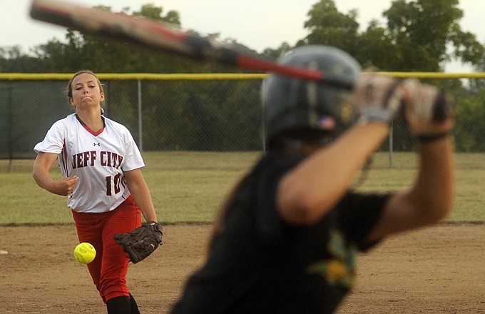 Jefferson City pitcher Krista Brickey delivers a pitch to a Rock Bridge batter in the top of the fourth inning during their game Thursday at the American Legion Sports Complex.