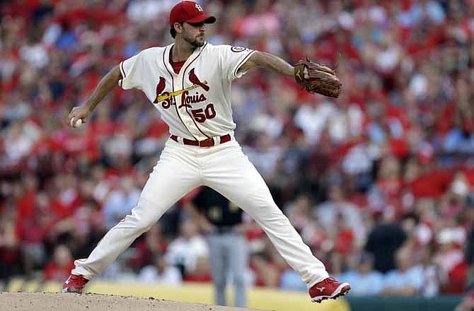St. Louis Cardinals starting pitcher Adam Wainwright throws during the first inning of a baseball game against the Pittsburgh Pirates Saturday, Sept. 7, 2013, in St. Louis. 
