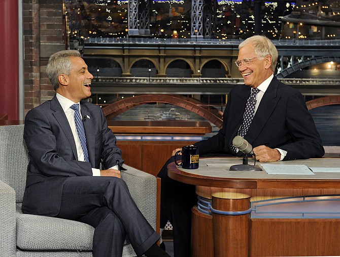 Chicago Mayor Rahm Emanuel, left, laughs with late-night talk show host David Letterman during taping for the "Late Show with David Letterman," on Monday in New York. Emanuel discussed the upcoming documentary, "The President's Gatekeepers," a two-part Discovery Channel special featuring Emanuel, who was formerly President Barack Obama's chief of staff.