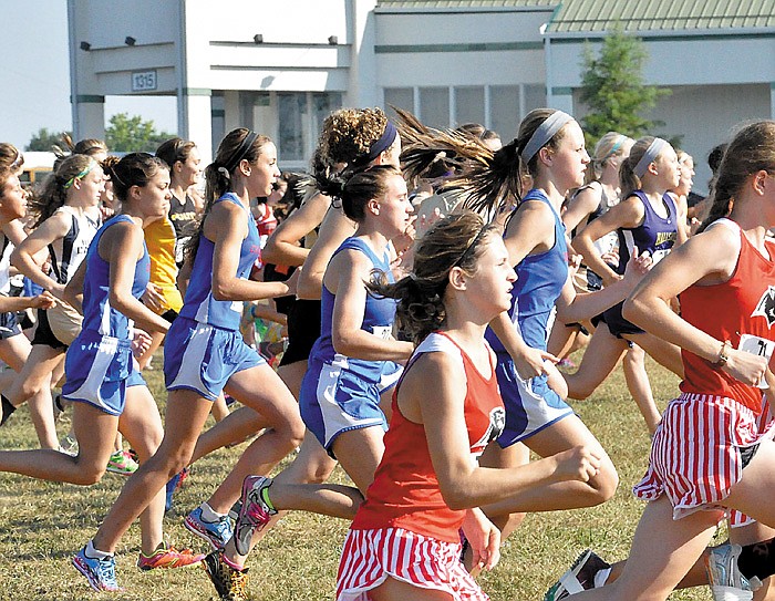 Leading California's varsity girls at the start of the Jim Marshall Invitational Saturday at Cole County Park, Jefferson City, is Katie imhoff (far right). Behind Imhoff are Leah Korenberg and Emily Ziehmer (beside Korenberg), Laney Porter and Regan Downing. Imhoff, Korenberg and Porter were medalists.