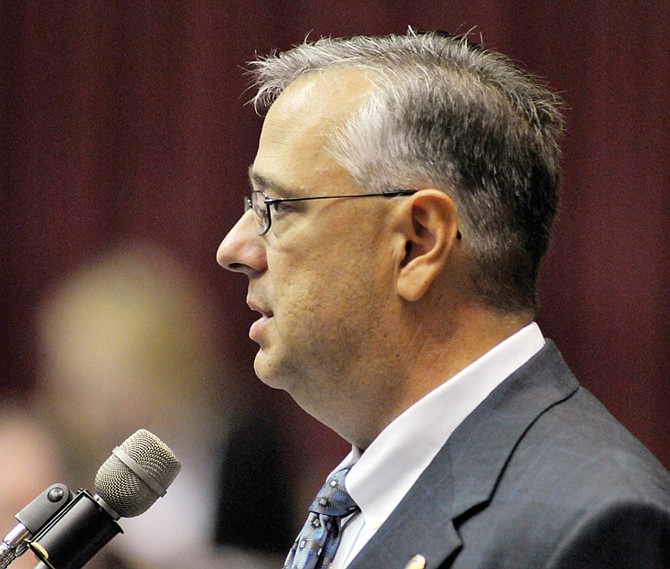 Rep. T.J. Berry, R-Clay County, speaks on behalf of HB 253, a bill he proposed in the regular session, in an effort get get fellow legislators to override Gov. Jay Nixon's veto of the legislation. Proponents said it would have cut taxes on individuals and and businesses and opponents say that it could have jeopardized school funding. Several Republicans sided with the Democrats causing the vote to fall short of the 109 votes needed to override Nixon's veto.