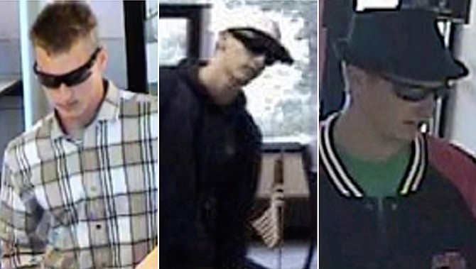 In this combination of surveillance photos released by the Federal Bureau of Investigation is a serial bank robber the FBI has dubbed the I-55 Bandit in, from left: Hurricane, W.V., July 30, 2013; Arnold, Mo., July 2, 2013, and Bel Air, Md., on June 5, 2013.