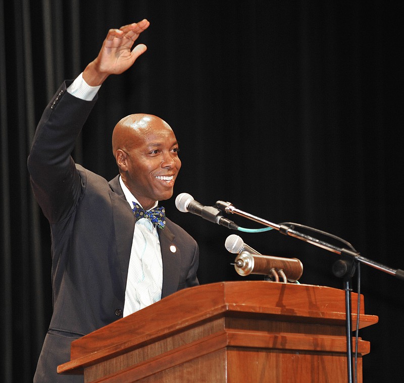 Lincoln University President Kevin Rome speaks at Thursday's convocation. It was his first time to address the faculty, staff and student body at the annual event.