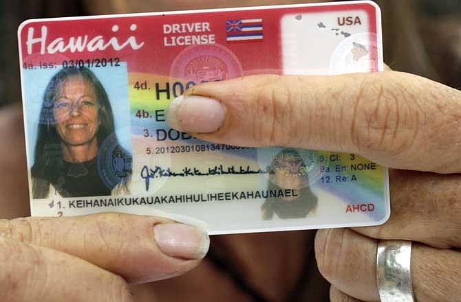 Janice "Lokelani" Keihanaikukauakahihulihe'ekahaunaele holds her Hawaii drivers license that lacks the space for her full name. Friday, Sept. 13, 2013 in Ocean View, Hawaii. At 36 characters and 19 syllables, the surname is so long that she couldn't get a driver's license with her correct name.