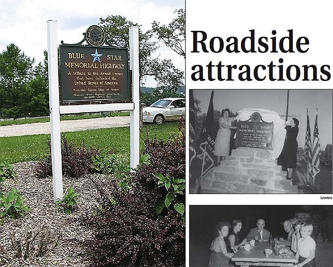 Above, the Blue Star marker was moved from the Ten Mile Drive Roadside Park to its current location during construction of U.S. 50. (News Tribune photo) Upper right, the dedication of the marker in 1953 saw it atop a stone pyramid. Lower right, a family stops for a picnic, a common use for the parks in the 1950s and '60s. (submitted photos)