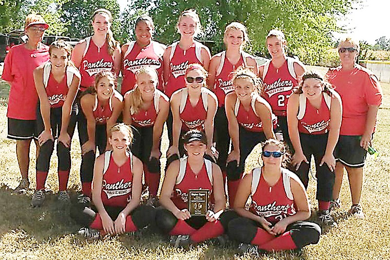 Photo submitted
The Prairie Home Lady Panthers took third place in the CCAA Softball tournament over the weekend. Front row, seated,Krista Small, Kohlie Stock, Jessie Kennedy; second row, Rachel Distler, Brianna Morris, Amber Carmichael, Kimberly Hettinger, Brooke Emmerich, Brandie Bell; back row,  Coach Glenda Scott, Ally Small, Jameshia Johnson, Makayla Zey, Josie Flood, Shianne Rhorer, Assistant Coach Linda Scott.