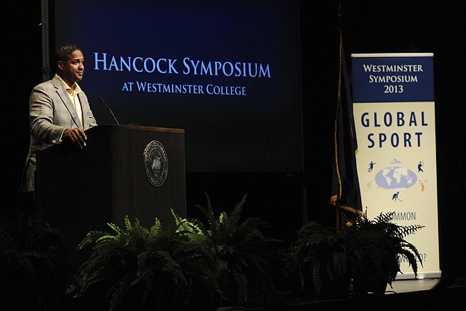 Roberto Clemente Jr. speaks during the Hancock Symposium on Wednesday at Westminster College. Sports was the theme for the event this year.