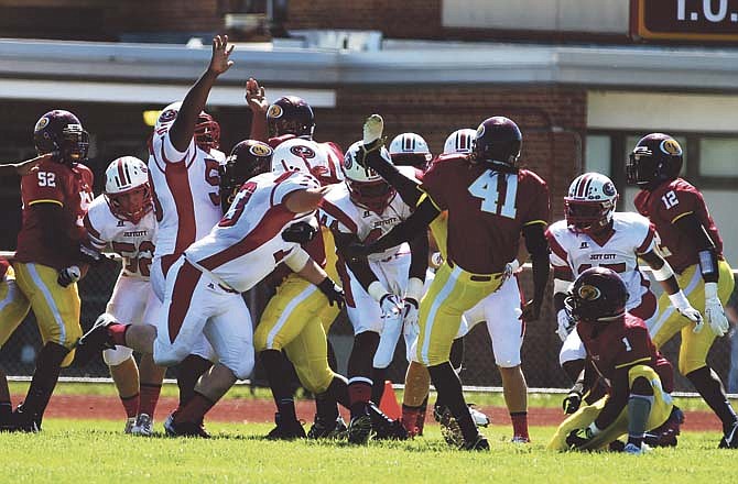 
The Jays block an extra-point attempt by Hazelwood East kicker Auston Fountain during Saturday afternoon's game in Hazelwood.