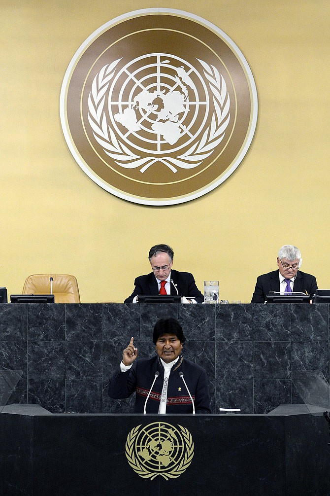 Evo Morales, president of Bolivia, addresses the 68th session of the General Assembly Wednesday at United Nations headquarters.