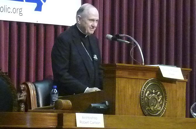 Bishop Richard E. Pates, bishop of Des Moines, Iowa, delivers the keynote speech Saturday at the Missouri Catholic Conference's annual assembly at the Missouri Capitol in Jefferson City.