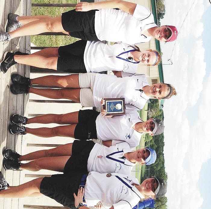 Lady Pinto golfers and Coach Ashley Atteberry, far left, proudly display the trophy they earned for finishing the California Invitational in second place Tuesday, Sept. 24, at the California Country Club. From left are Haley Goans, Becca Hamilton, Renee Roberts, Sophie Brant and Rylee Glenn. 