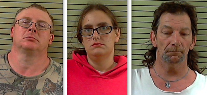 This composite of mugshots provided by the Osage County Sheriff's Department shows, from left to right: Scott Michael Eggmeyer, 41; Danielle Sue Wiegand, 27; and Harold Burnard Ridener, 51.