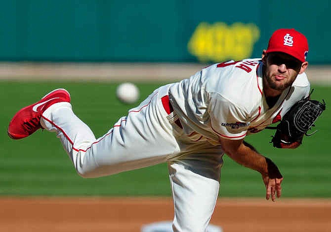 St. Louis Cardinals starting pitcher Michael Wacha throws during the first inning of Game 2 of the National League baseball championship series against the Los Angeles Dodgers Saturday, Oct. 12, 2013, in St. Louis. 