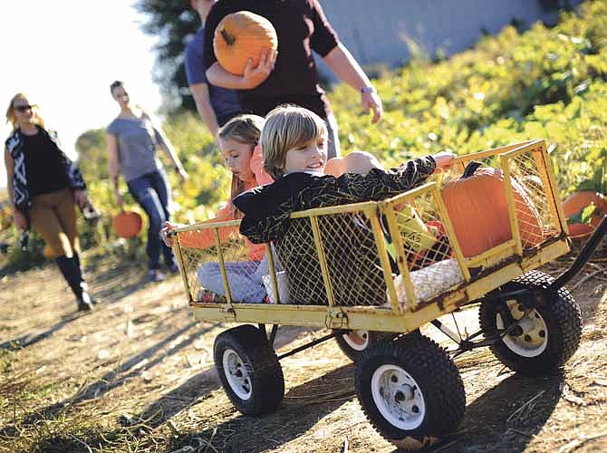 Sedalia siblings Mason and Isabella Thompson catch a wagon ride Saturday after picking out a pair of pumpkins with their mom, Rebekah Thompson, at the Nahler Farms U-pick pumpkin patch during the annual Hartsburg Pumpkin Festival.