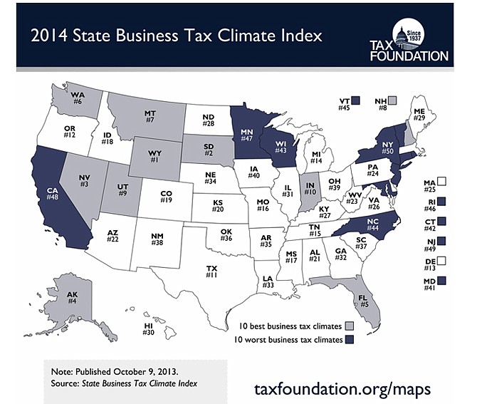 From taxfoundation.org: The Tax Foundation's 2014 edition of the State Business Tax Climate Index enables business leaders, government policymakers, and taxpayers to gauge how their states' tax systems compare.