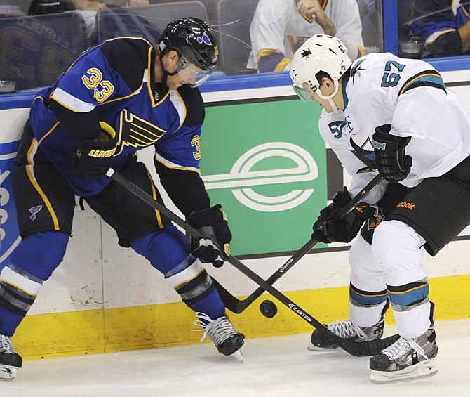 St. Louis Blues' Jordan Leopold (33) and San Jose Sharks' Tommy Wingels (57) vie for the puck during the second period of an NHL hockey game Tuesday, Oct. 15, 2013, in St. Louis.