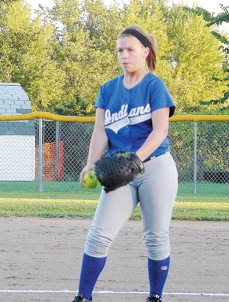 Russellville senior Adrianna Basnett gets set to release a pitch during the first inning of the opener at the Class 2 District 13 Softball Tournament at Russellville Wednesday, Oct. 9. The Lady Indians defeated Stover 20-3 in three innings.
