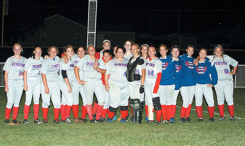 Despite their season ending with a 15-0 loss to Southern Boone at the Class 3 District 10 opener at Ashland Oct. 9, the California Lady Pintos were happy to gather for a final team picture following the loss. 