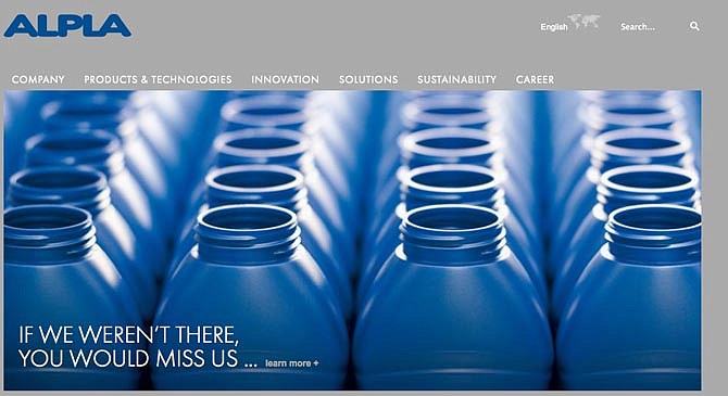 ALPLA's corporate website (screenshot above) explains the company's strategy: "ALPLA develops and produces plastic packaging solutions which are perfectly adapted to the needs of its customers."