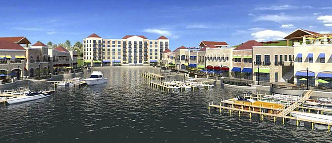 Complete with a Lakefront boardwalk and rooftop terraces, the proposed Towne Harbour entertainment and resort complex will have shops, restaurants, retail facilities and two hotels, one of which will be a six-story, 140-room waterfront hotel on the Lake of the Ozarks.