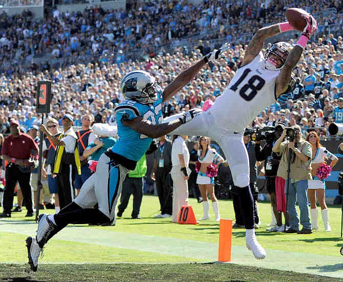 St. Louis Rams' Austin Pettis (18) catches a pass over Carolina Panthers' Josh Thomas (22) in the first half of an NFL football game in Charlotte, N.C., Sunday, Oct. 20, 2013. Pettis was ruled out of bounds on the play. 