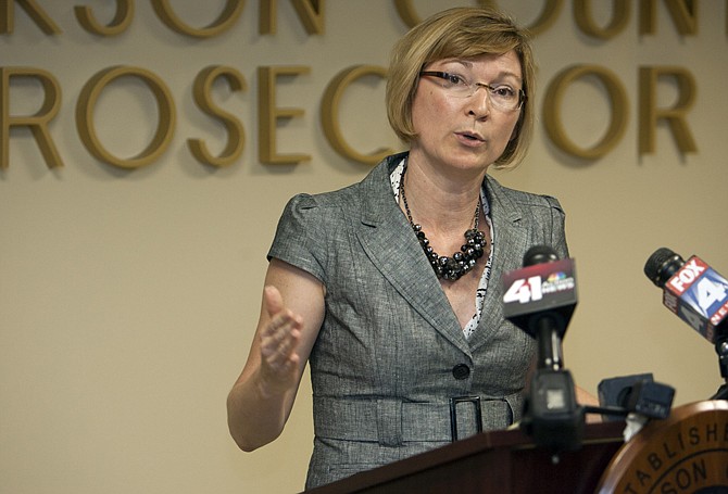 Jackson County Prosecutor Jean Peters Baker addresses the media during a news conference, in Kansas City. A northwest Missouri circuit court clerk says Baker has been picked to investigate a Maryville teen rape case that has gained national attention for the way it was handled by the local prosecutor.