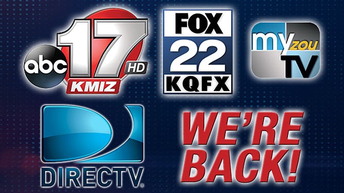 Three Columbia-based stations announce on kmiz.com that they have returned to DirecTV after successfully completing contract negotiations over carriage.