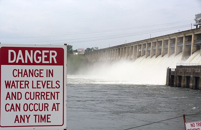 
Water from Lake of the Ozarks rapidly flows into the Osage River when all 12 floodgates of Bagnell Dam are partially opened. The photo was taken in August after a 10-inch rainfall caused flash flooding in local rivers and creeks. An emergency drill put on by Ameren last week was in response to a similar, but worse, situation.