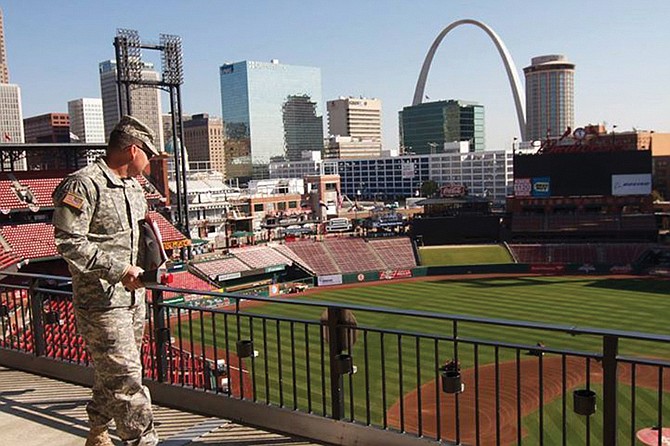 Sgt. 1st Class Juan Gallego, Jefferson City, is among the members of the Missouri National Guard 7th Weapons of Mass Destruction Civil Support Team who were at Busch Stadium to support safety and security measures during the 2013 World Series. Efforts included assisting local and federal agencies in verifying the absence of hazardous materials and maintaining readiness for any unforeseen events. 