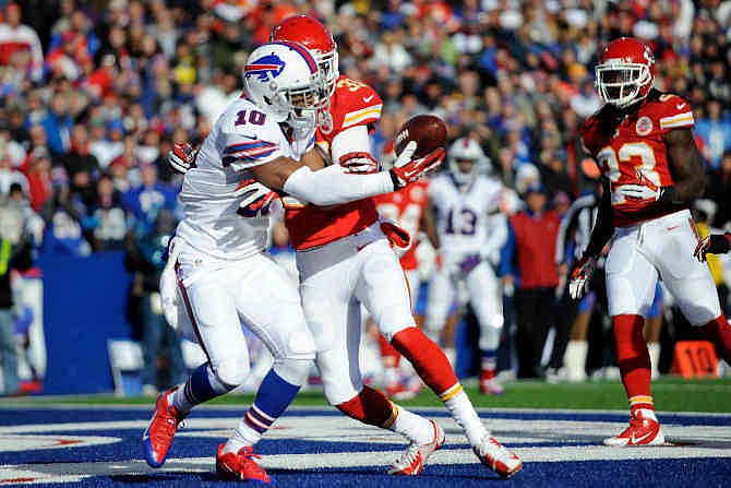 Buffalo Bills wide receiver Robert Woods (10) is hit by Kansas City Chiefs cornerback Marcus Cooper (31) and can't hang onto a pass in the endzone during the second quarter of an NFL football game in Orchard Park, N.Y., Sunday, Nov. 3, 2013. 