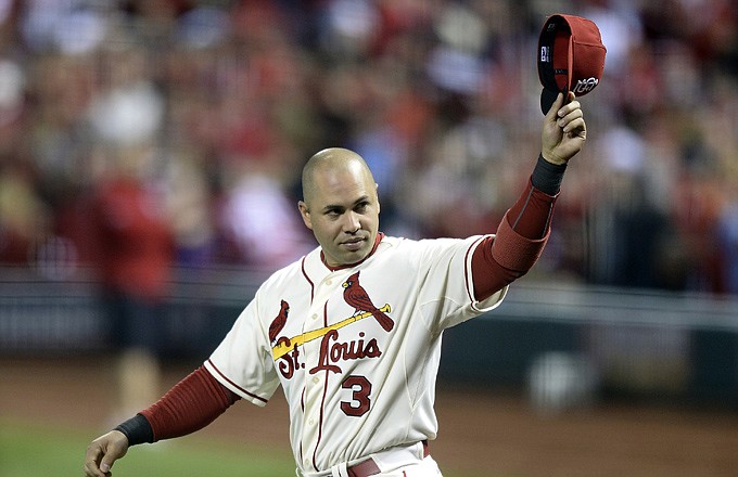 Carlos Beltran acknowledges the crowd before Game 3 World Series against the Red Sox at Busch Stadium.