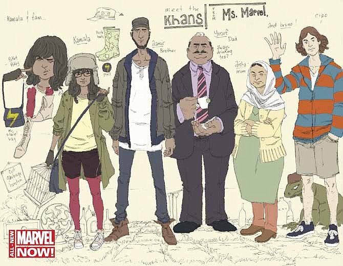 This comic book image released by Marvel Comics shows character Kamala Khan , second left, with her family Aamir, father Yusuf, mother Disha and friend Bruno, from the "Ms. Marvel" issue. The new monthly Ms. Marvel is debuting as part of the Company's popular All-New Marvel NOW! initiative.