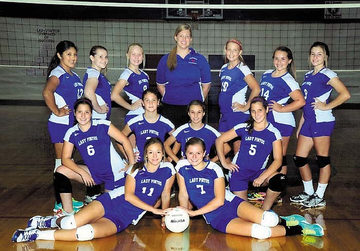 Members of the California Middle School eighth grade volleyball team, front row, from left, are Brittneyy Ellington and Halle Oliver; middle row, Paige Johnson, Jessica Reynolds, Savanna Qualls and Braleigh Johnson; and back row, Maria Lemus, Caysie Admire, Taylor Geiser, Coach Amanda Zbinden, Caitlin Halsey, Brooklyn Ford and Chloe Schenewerk. 