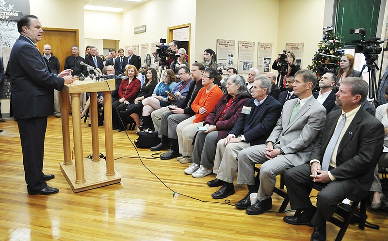 A large crowd was in attendance as Sen. Mike Kehoe took to the podium briefly to thank all involved for their work to bring forward the offer for Jefferson City and Missouri to enter into a partnership regarding the use of the Missouri State Penitentiary. 