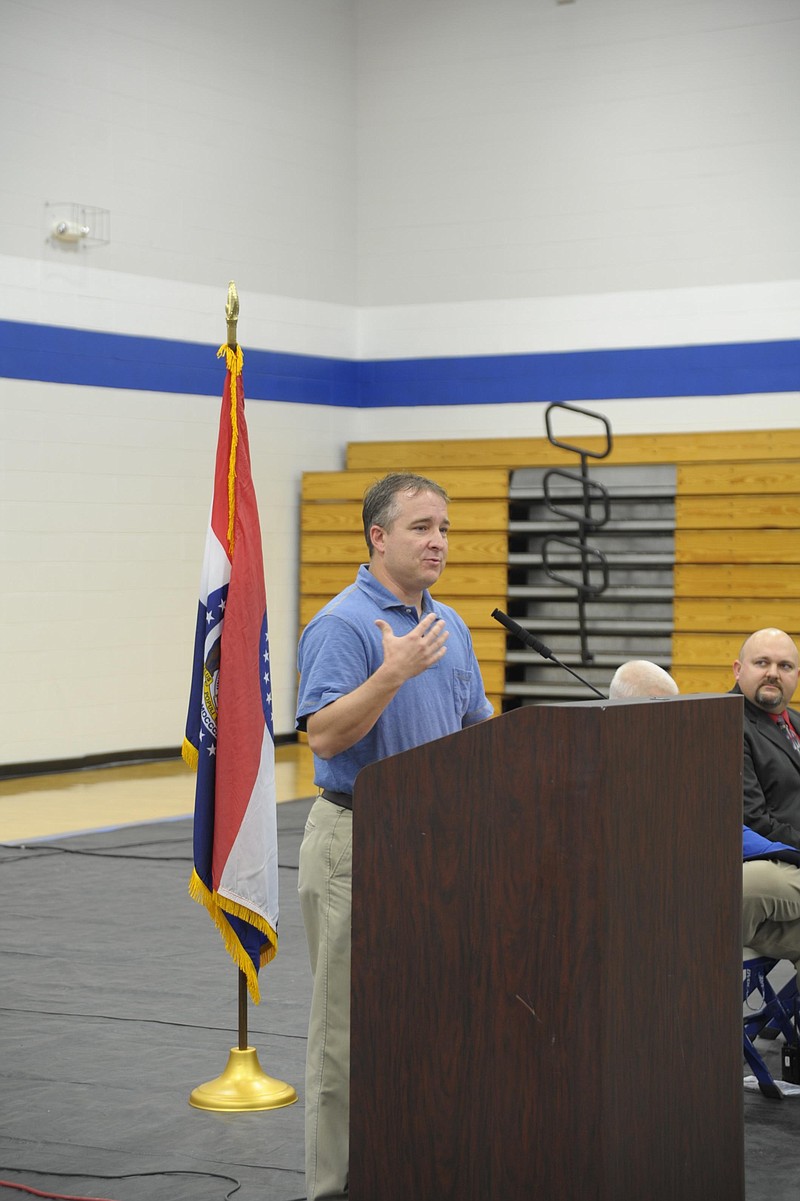 Mike Nichols, who served with the Missouri Army National Guard 1987-1995, was the guest speaker at the Cole County R-1 Schools Veterans Day Assembly Monday. Democrat photo/Michelle Brooks