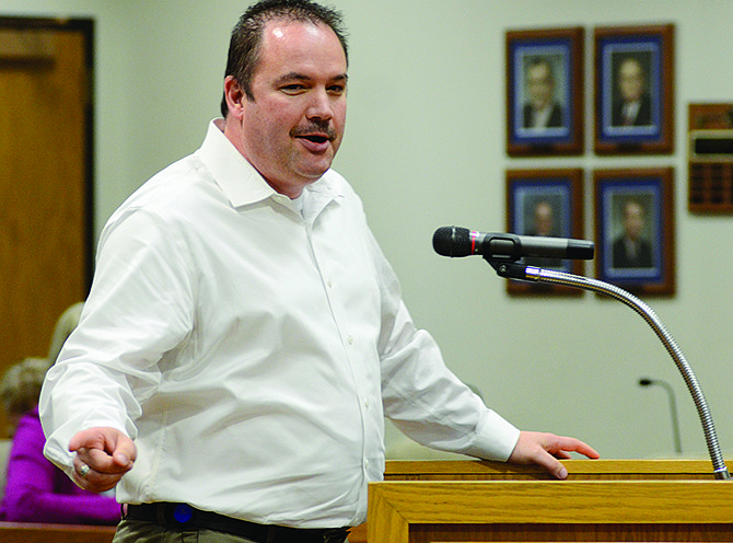 Trey Propes, general manager of Candlewood Suites in Jefferson City, speaks before the City Council on Tuesday on behalf of a convention center. Propes is with the Ehrhardt Hospitality Group, one of two parties interested in building a convention center in Jefferson City.v