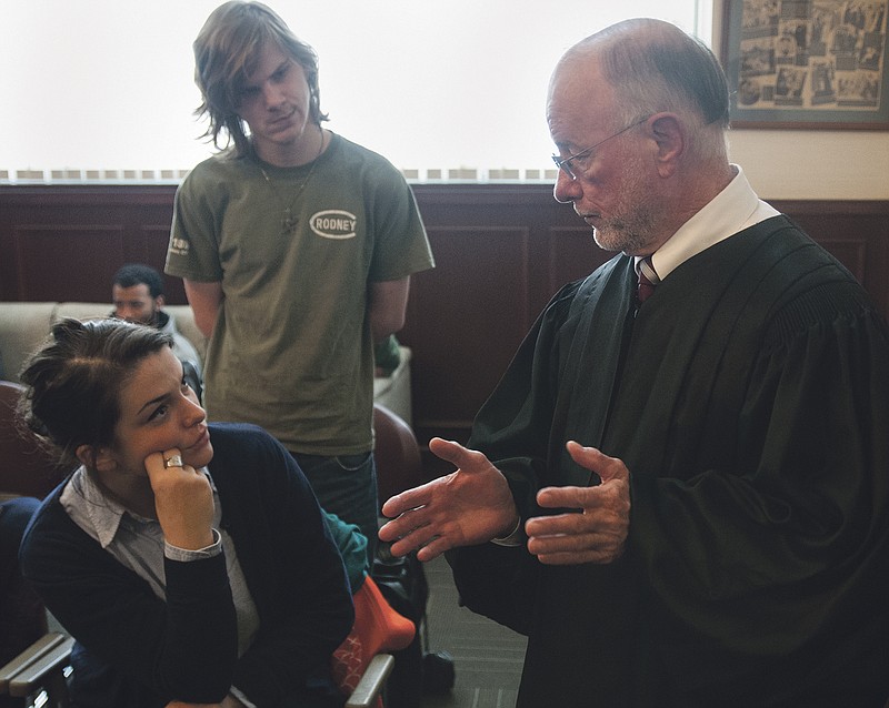 Missouri Western Court of Appeals Judge Joseph Ellis answers a question from a Westminster College student on Thursday. Ellis and judges Mark Pfeiffer and Victor Howard heard three cases at Westminster College in order to help educate the public and students on the appeals process.