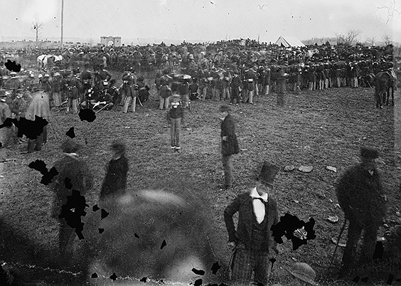 This Nov. 19, 1863 photo shows the crowd assembled for President Abraham Lincoln's address at the dedication of a portion of the battlefield at Gettysburg, Pa. as a national cemetery. "The battlefield, on that sombre autumn day, was enveloped in gloom," Joseph Ignatius Gilbert, a freelancer for The Associated Press at the time, wrote in a paper delivered at the 1917 convention of the National Shorthand Reporters' Association in Cleveland. "Nature seemed to veil her face in sorrow for the awful tragedy enacted there."