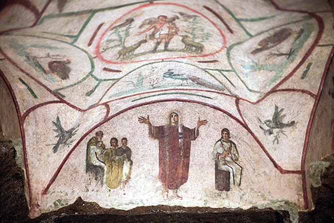 A fresco adorns the Catacombs of Priscilla, a labyrinthine cemetery complex that stretches for kilometers underground, in Rome.