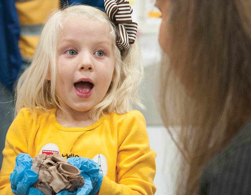 Addison Milius, 4, holds a human heart as she guesses the heart takes an hour to pump blood throughout the entire body during McIntire Elementary's Math and Science Night Wednesday. Nicole Williams, a medical student at the University of Missouri, prompted the question and said the heart can flow blood throughout the body in one minute.