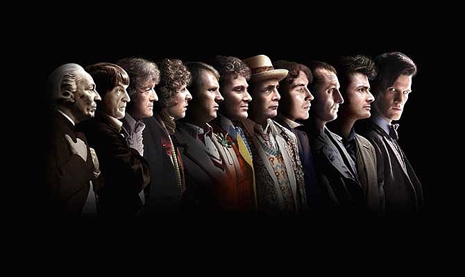 An undated handout photo made available by the BBC showing the Eleven Doctors, from left, William Hartnell, Patrick Troughton, Jon Pertwee, Tom Baker, Peter Davison, Colin Baker, Sylvester McCoy, Paul McGann, Christopher Eccleston, David Tennant and Matt Smith. "Doctor Who" is turning 50 and the BBC is throwing a broadcasting blowout for the sci-fi show, which began with little fanfare and few expectations on Nov. 23, 1963 but is now one of its biggest hits and major exports.