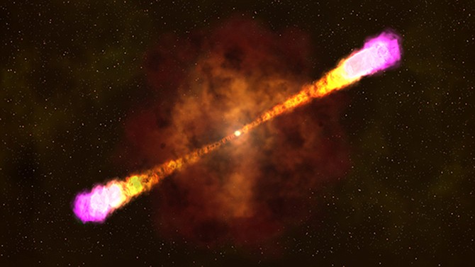 This image provided by NASA's Goddard Space Flight Center shows an artists rendering on how a gamma ray burst occurs with a massive star collapsing and creating a black hole and beaming out focused and deadly light and radiation bursts.