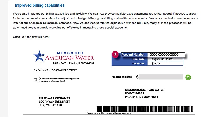 A customer service page (partial screenshot above) on Missouri American Water's website displays a sample utility bill and touts the company's improved "billing capabilities and flexibility." Jefferson City officials say the water company recently reimbursed the city over $9,000 after failing to pay its own wastewater bill during a period prior to 2012 when the utility handled wastewater billing for the city.