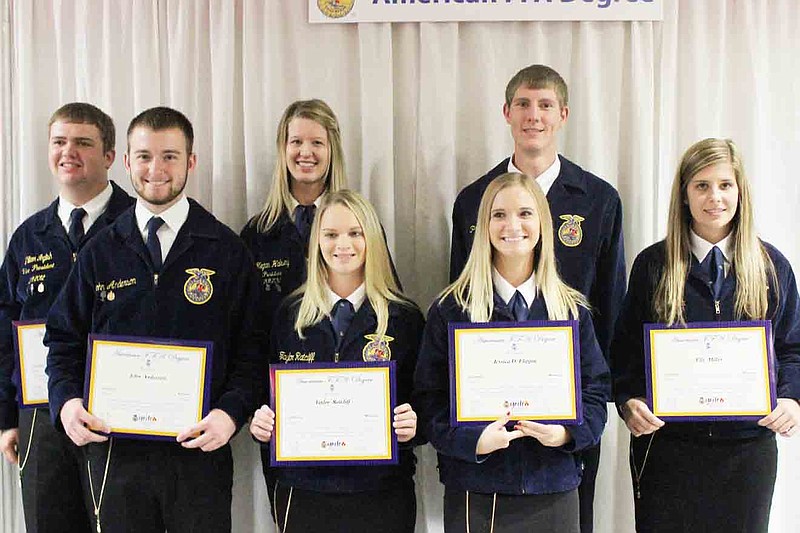 American FFA Degree Awarded to California members
Photo submitted
California FFA members receiving  American FFA Degrees front row, left to right, John Anderson, Taylor Ratcliff, Jessica Flippin and Elle Miller; back row, William Inglish, Meghan Halsey and Phillip Longan.