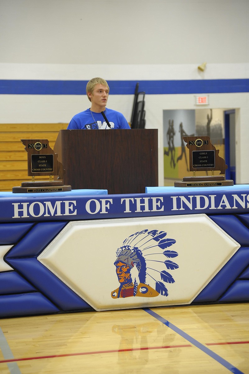 Several team leaders, like Nick Haslag, spoke to the more than 150 community members who turned out to support the dual state championship teams at a community pep rally for the Cole County R-1 cross country boys and girls teams. Democrat photo/Michelle Brooks