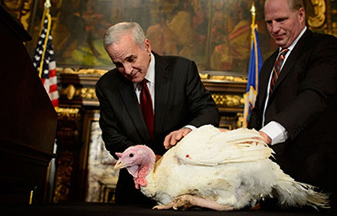 Minnesota Gov. Mark Dayton, center, kicks off Thanksgiving week with the pardon of a turkey at the state Capitol in Minneapolis.