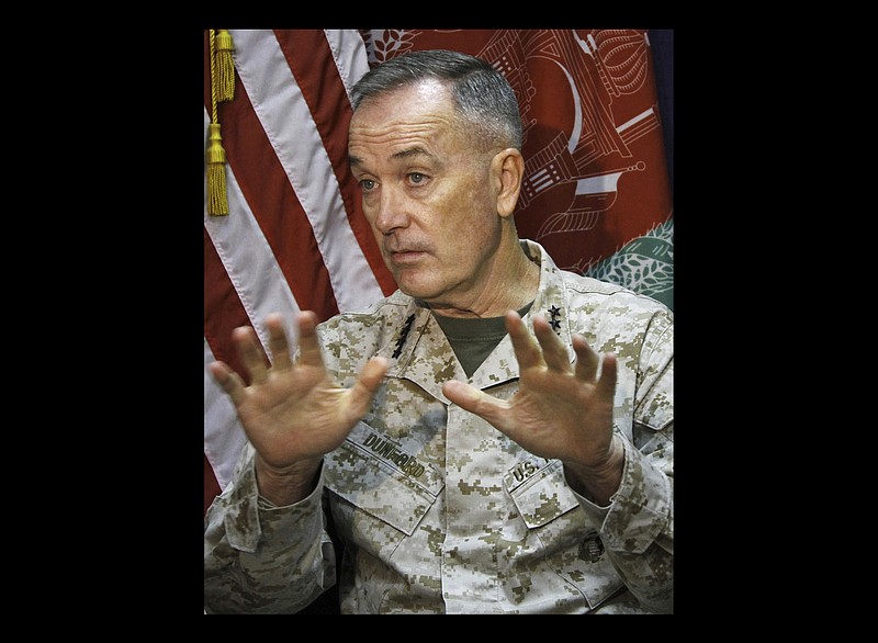 Marine Gen. Joseph Dunford, who commands the U.S.-led International Security Assistance Force (ISAF), speaks Aug. 10 during an interview at the ISAF headquarters in Kabul, Afghanistan. The top U.S. and coalition commander in Afghanistan expressed his deep regrets to Afghanistan's President Hamid Karzai over an allied airstrike that killed a child and injured two women, his spokesman said.