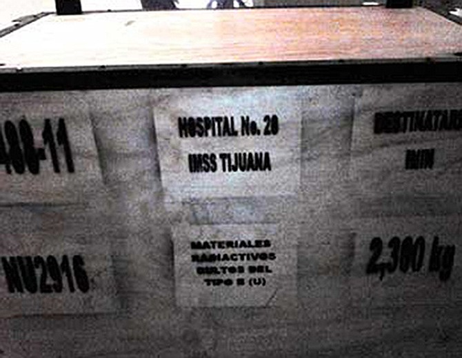 This image released Wednesday by the National Commission on Nuclear Safety and Safeguards of Mexico's Energy Secretary (CNSNS), shows a large box that was part of the cargo of a stolen truck hauling medical equipment with extremely dangerous radioactive material, in Tepojaco, Hidalgo state, north of Mexico City.